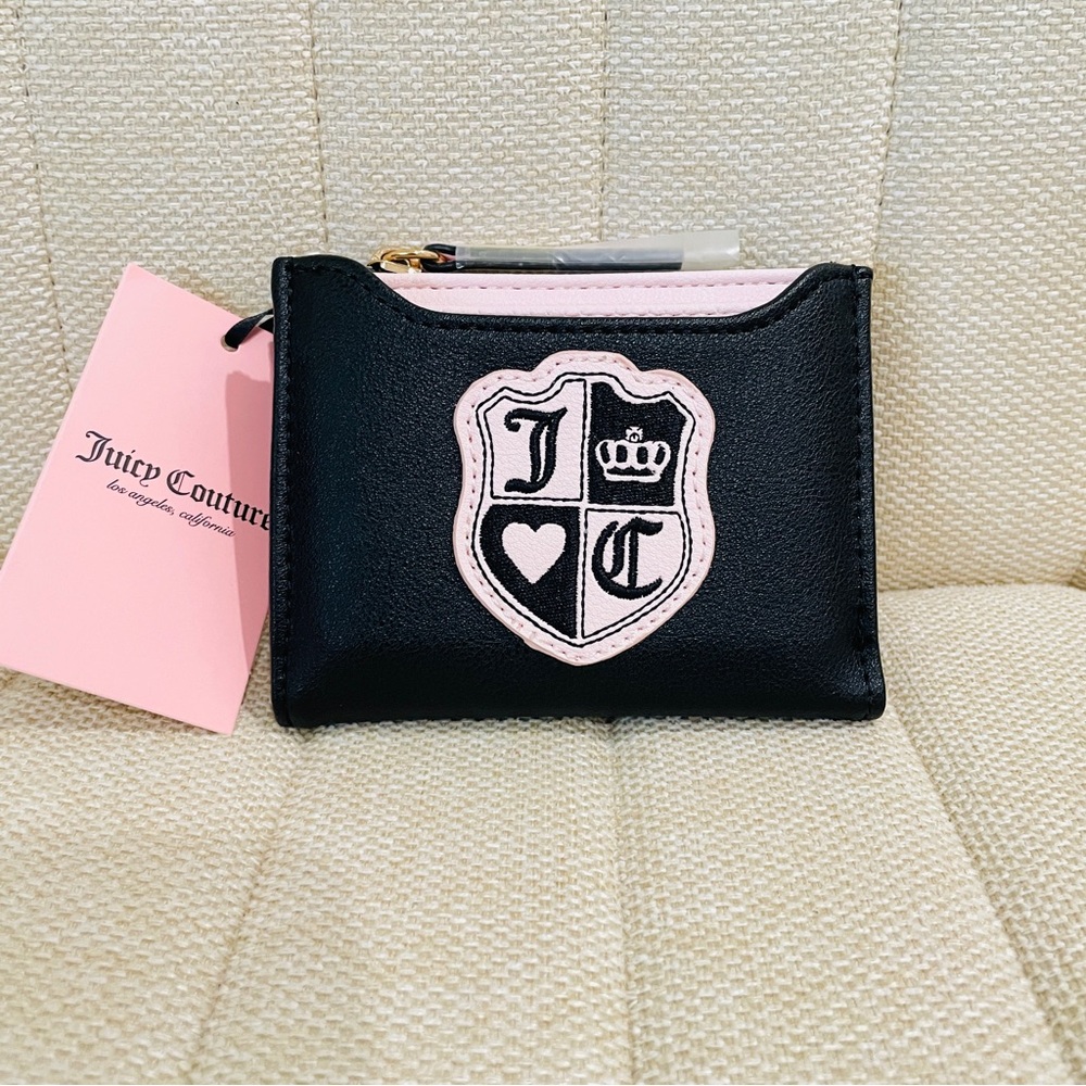 NEW Juicy Couture Black Pink Crest Bifold Wallet Removable Card Case Go Couture